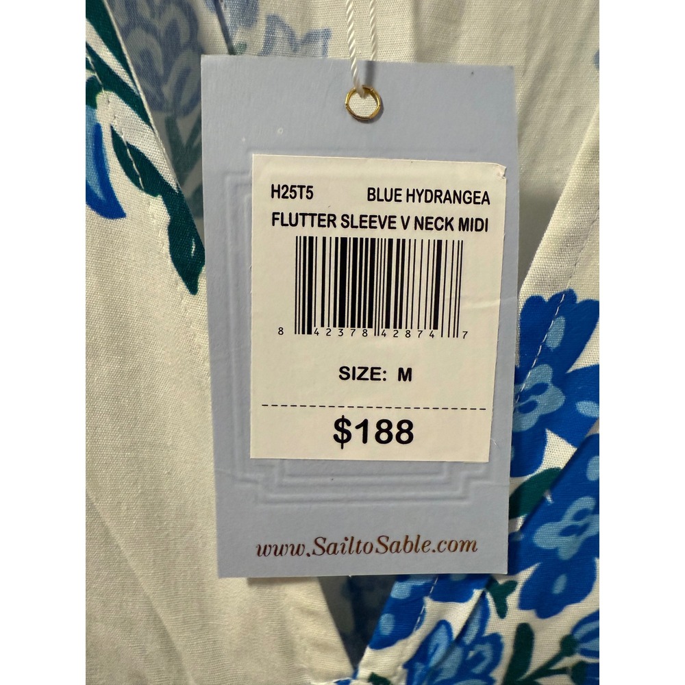 NWT Sail to Sable Blue White Floral Cotton Resort Maxi Dress Smocked Flutter M - Picture 5 of 10